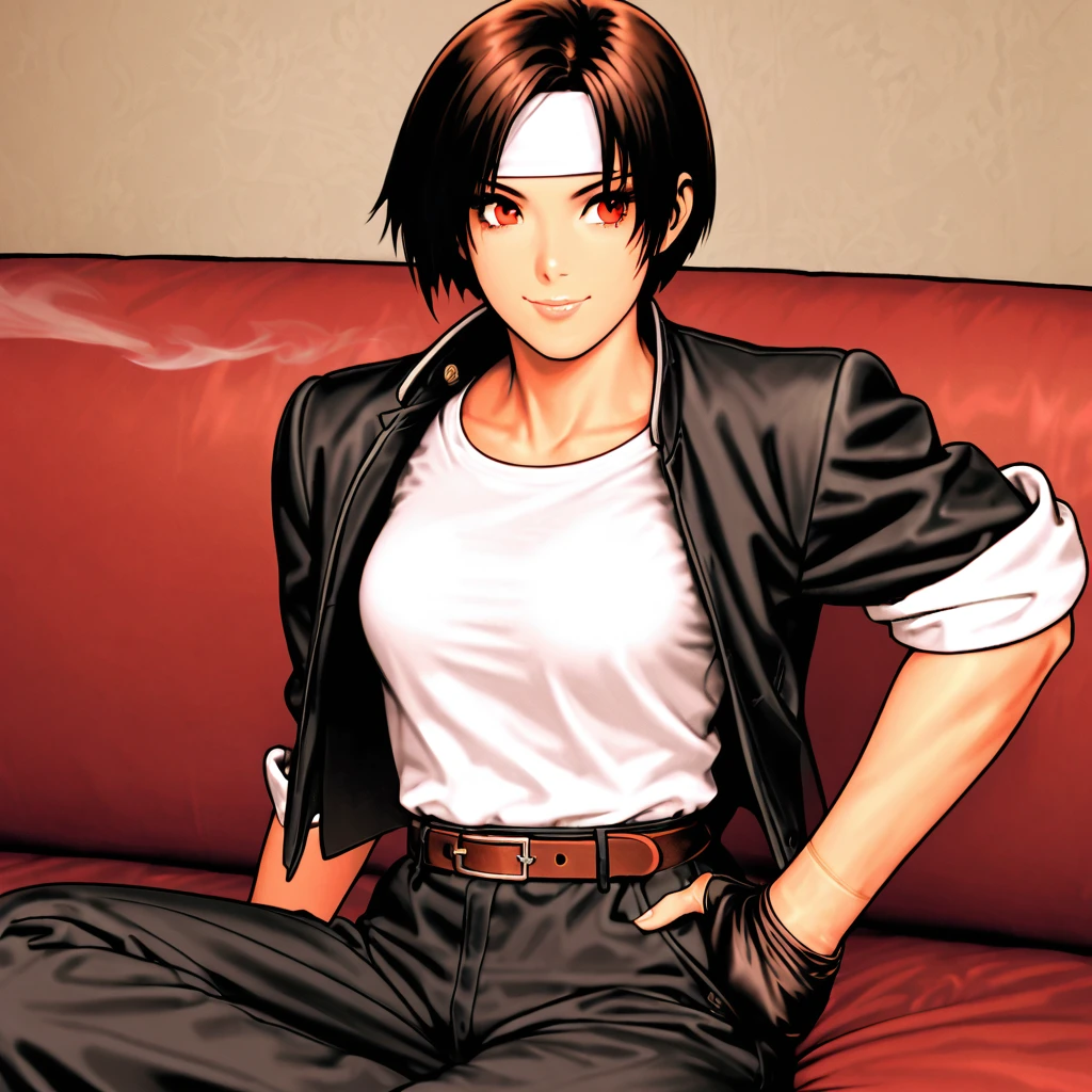 Single,Female,Short-cut,Dark hair,Sallow skin,Red eyes,Slightly large breasts,((black jacket with rolled up arms)),fingerless gloves, white T-shirt,(white headband on forehead)),black long pants, white shoes, brown belt, cute, indoor-oriented, charming, top quality, neat face, neat eyes, Black Sitting on sofa, relaxed, exhaling cigarette smoke, cigarette in right hand, beautiful Japanese girl, smiling. Her eyes are wide open, her gaze is slightly downward, and her mouth is half open,