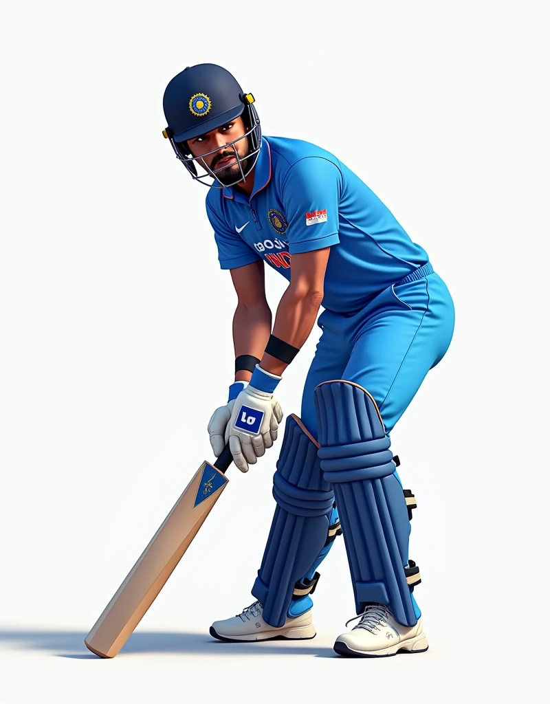 Give me a blue jersey with INDIA written on it. Wearing white sneakers, the cricket player leans over with both knees bent and holds the cricket bat horizontally with both hands placed 20 cm above the knees.,Showing the side profile of a cricket player,顶光drop shadow, anaglyph, stereogram, tachi-e, ass pov, atmospheric perspective, 8k, super detail, best quality