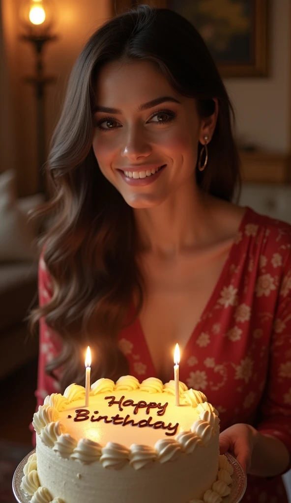 A beautiful lady, captured in stunning hyper-realism, leans forward slightly with a warm, genuine smile as she offers a birthday cake. The cake is intricately decorated with fine details, and the words "Happy Birthday Fereshteh" are elegantly written in high-quality icing, which glistens under the soft lighting. The scene is set in a cozy, well-decorated living room filled with luxurious yet welcoming furnishings. The room is bathed in warm, ambient light that casts soft shadows, highlighting the rich textures of the furniture and the elegant decor. Every element in the scene, from the woman’s expressive face to the finely detailed cake and the inviting atmosphere of the room, is rendered with hyper-realistic precision, making the moment feel both intimate and extraordinarily lifelike.

