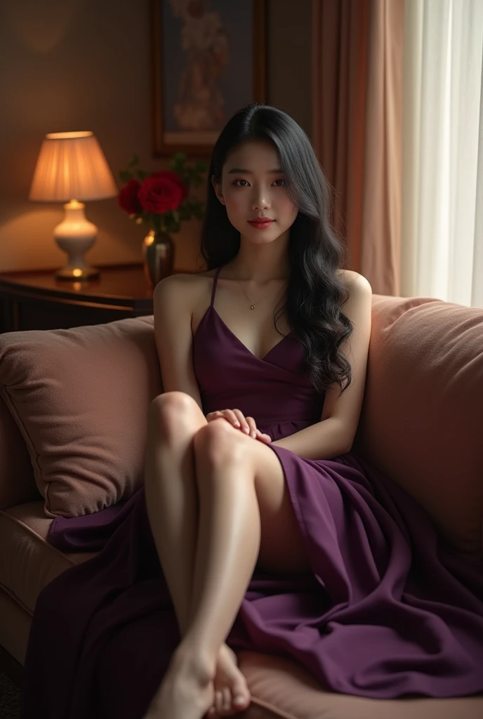 1girl in,Sitting on a cozy sofa,cross one's legs,Soft light,Chinese beauty, dark purple dress,A dark-haired,length hair