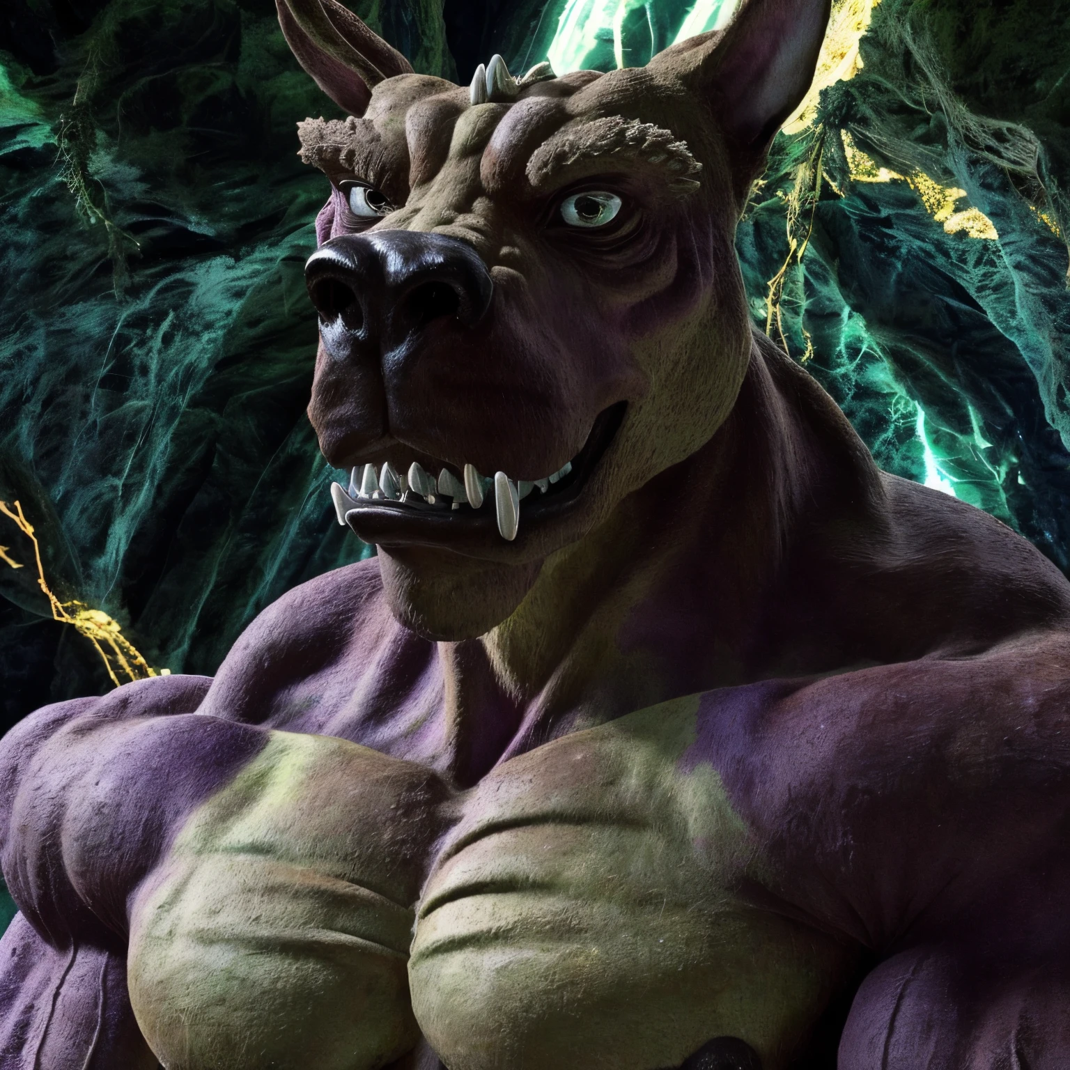 scrappyrex, big teeth, solo anthro, male, strong, buff bust portrait