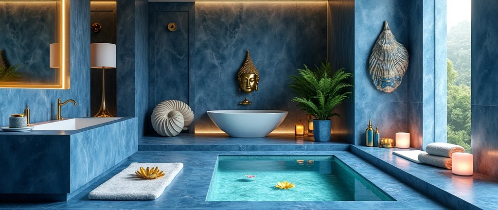 blue tile and gold hyper detailed 8k luxury Bathroom with spa Buddha head and candles and giant nautilus shell, spa ritual aesthetics, thai flowers in the bath, blue and white towels, blue marble interior, product photography with beautiful blue and pink spa bottles for soap, epic view shot cinematic 35 mm 8k uh