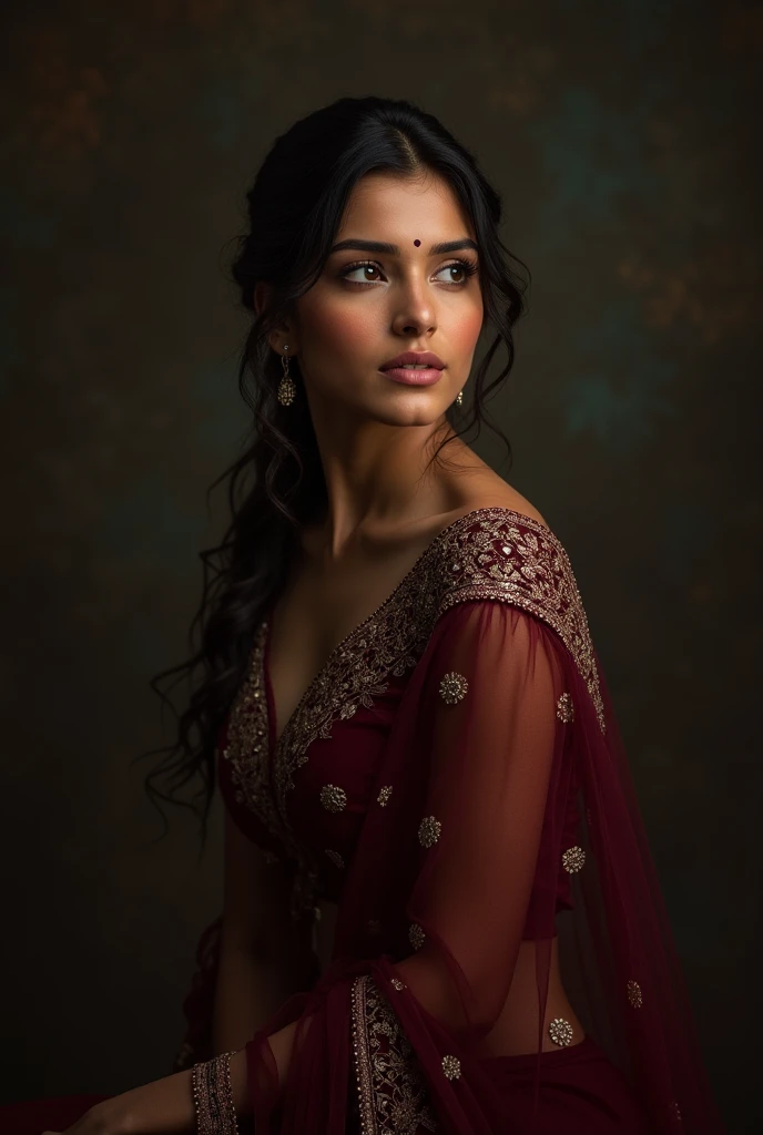 Indian beautiful woman in dark maroon lahenga 