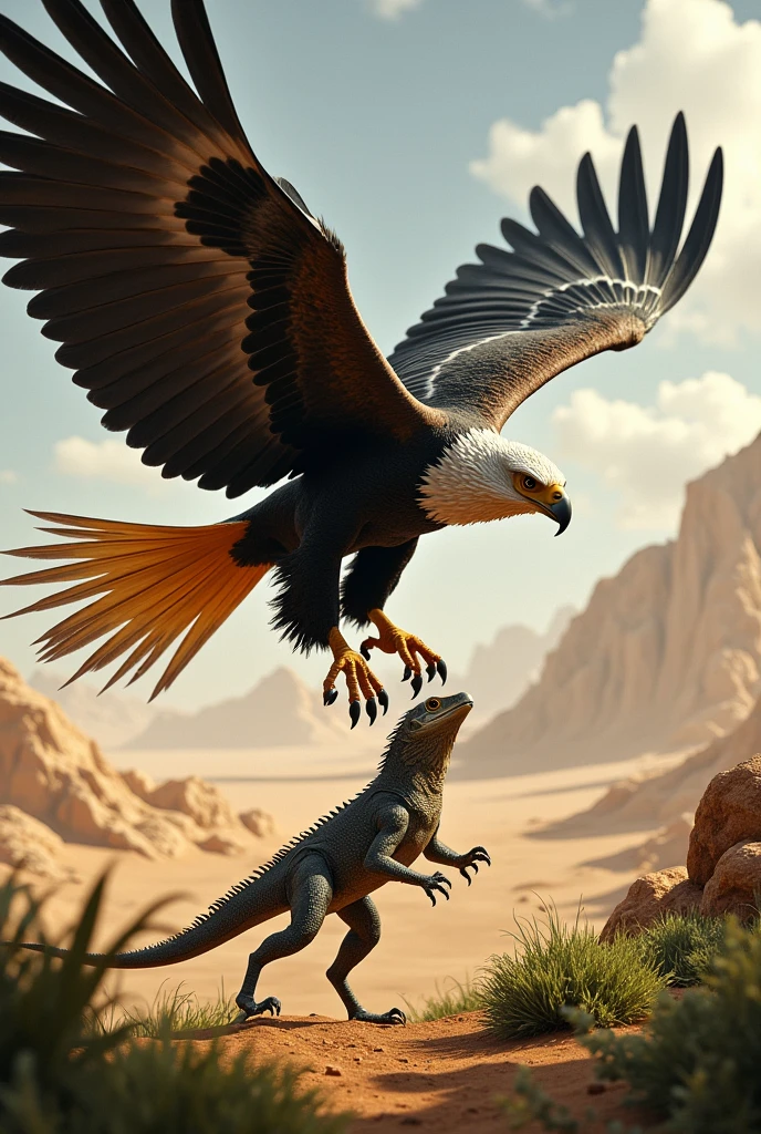 Generated an image of a giant black and white golden eagle, catching a big lizard in the green desert