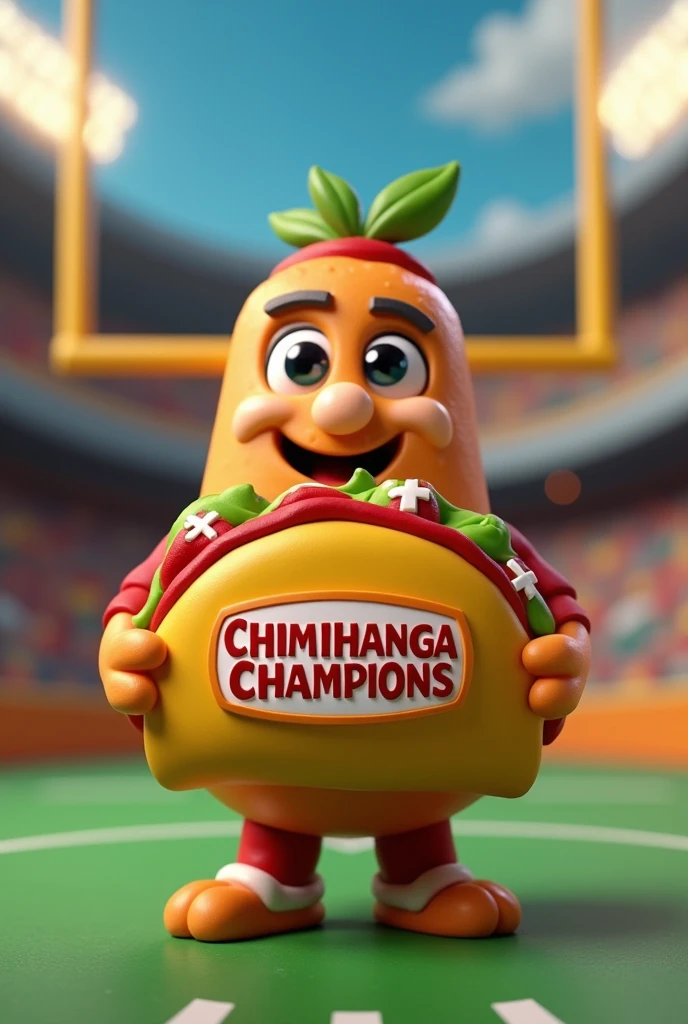 A chimichanga burrito clay character holding a taco with a logo saying chimichanga champions. football themed, something I can use as a profile picture