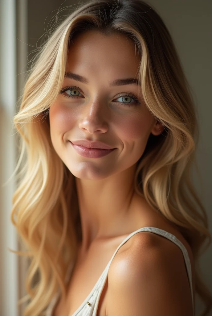 Create a tall Mexican blonde girl with a nice smile and tender eyes