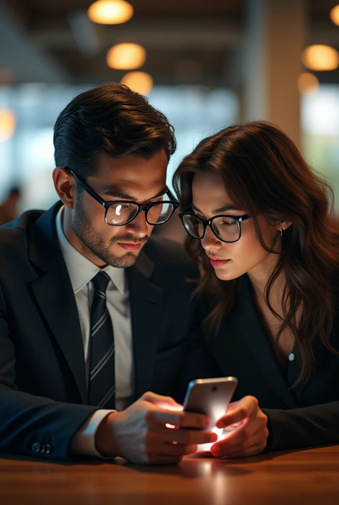 A man is sitting in a cafeteria, watching the stock market on his phone and looking at his girlfriend, who is also wearing glasses