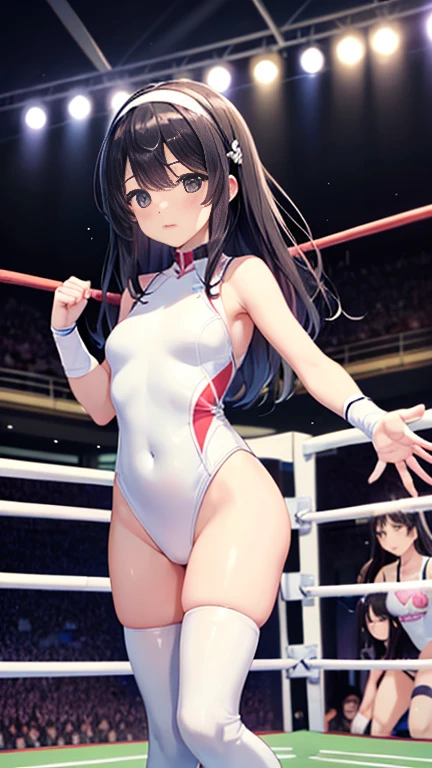Highest quality、Very delicate and beautiful、I、I、Idol、、Japanese、In addition、Chiquita、Black Hair、Straight hair、hair band、((White leotard))、、Standing in the wrestling ring、Wrestling boots,discovery,Professional wrestling matches,The whole body is projected from head to toe