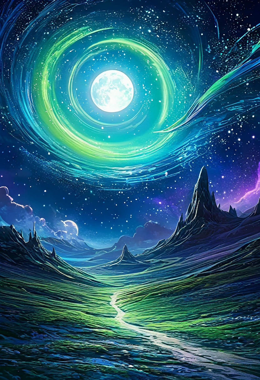 The moon is surrounded by many, Countless shining stars々. The starry sky sparkles、The light trail shines even brighter. Surreal Scene. Beautiful and wonderful composition. Subtle shadows and highlights. dark blue, Light blue and green, and purple tones. More Color Layers. Transformation Mystery Vibrant Tones Action Painting Highly Detailed HD Cinematic Close-up Magic Fantasy Gorgeous Digital Art