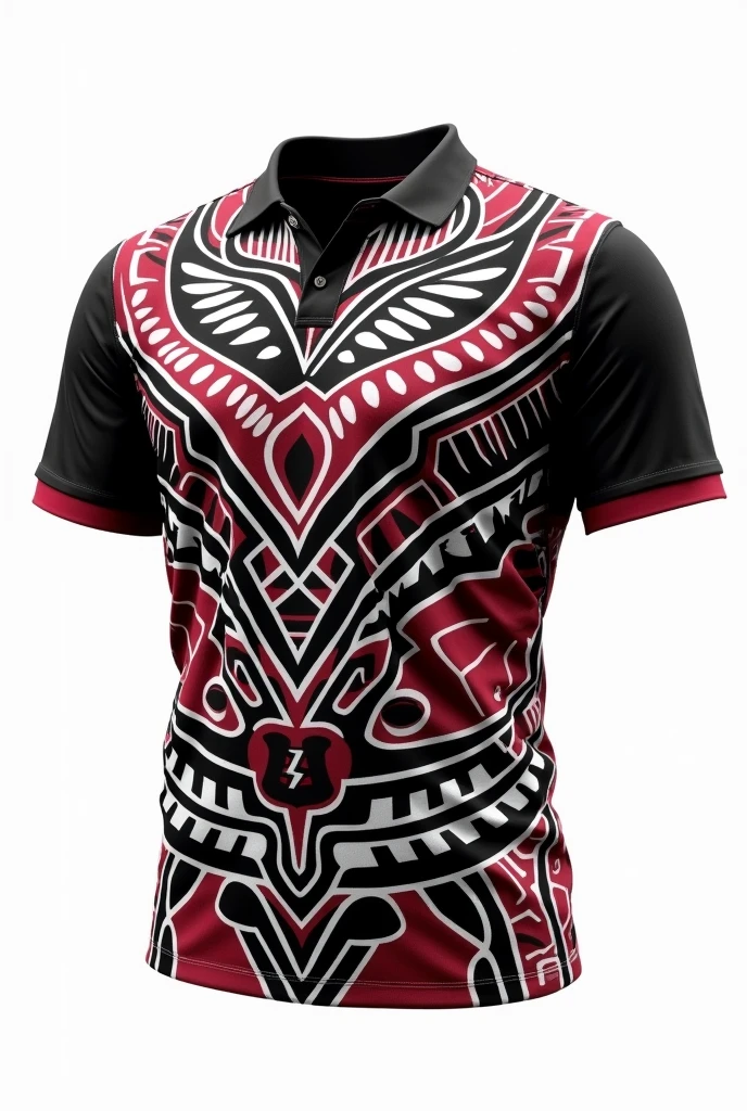 Create for me rugby jerseyMaori tribe pattern design black red white full pattern black collar white background clear design indigenous pattern
