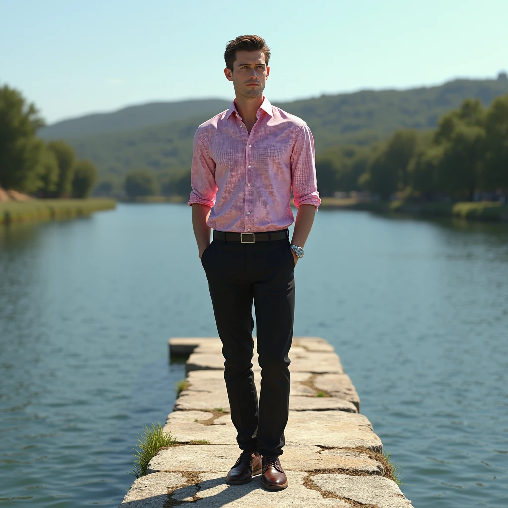 makes image of a white man, at 3, model type, with short dark hair, with blue eyes, wearing a pink and white checkered shirt, black pants, on top of a stone pier on a lake in Alentejo.