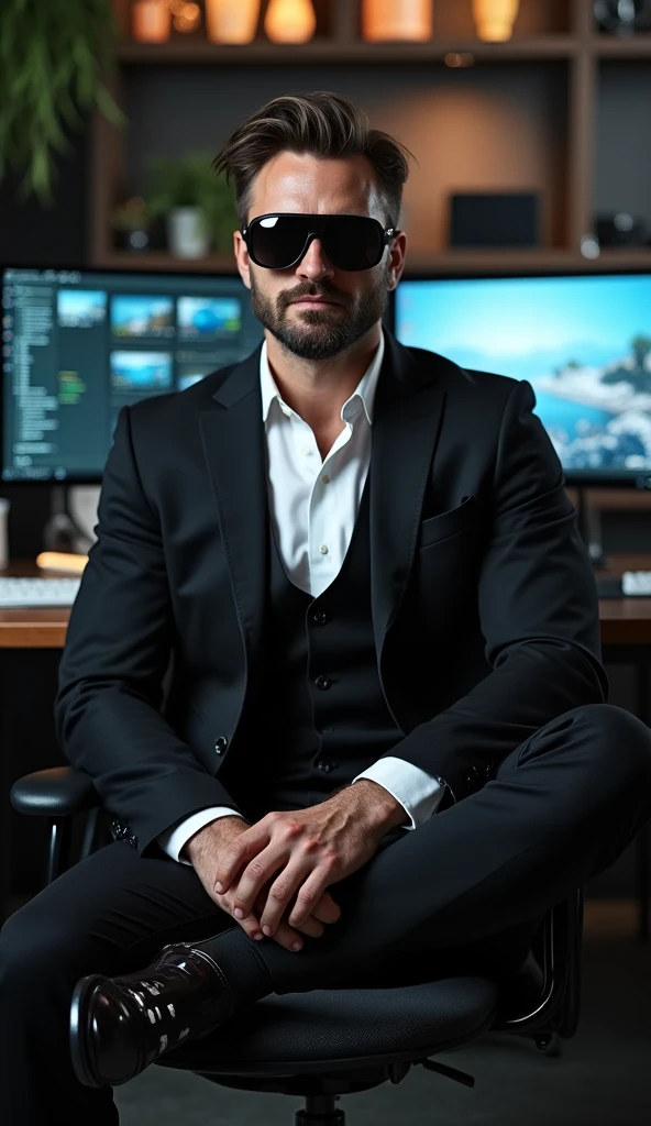 A man with suitboot and looking handsome and wearing Black goggles sitting on his YouTube studio and his background is blur change angle angle is straight 