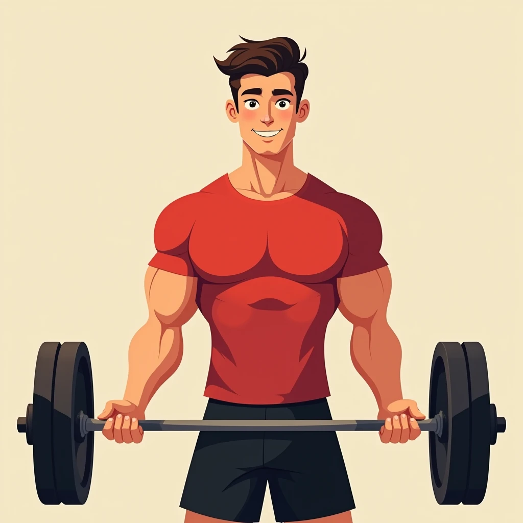 best quality, masterpiece, fill frame, zoomed out, full body, cel shading cartoon art, poster of handsome young man, slim build, wearing plain red tshirt and black shorts, gentle smile while lifting a barbell, perfect fingers, perfect hands, perfect face, perfection, no background
