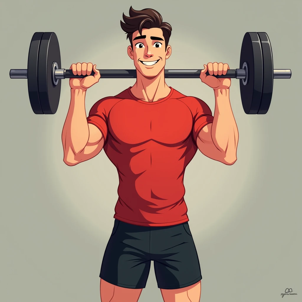 best quality, masterpiece, fill frame, zoomed out, full body, cel shading cartoon art, poster of handsome young man, slim build, wearing plain red tshirt and black shorts, gentle smile while lifting a barbell, perfect fingers, perfect hands, perfect face, perfection, no background