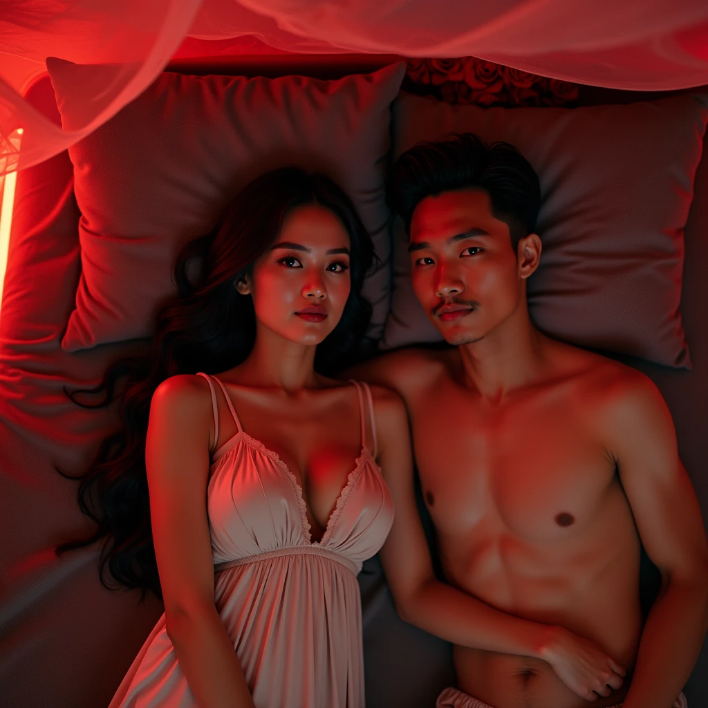 Indonesian couple. The man is a normal body wearing simple pajamas. With The woman is a little chubby and huge breasted, wearing sleeveless knee-nght nightgown. The luxurious bedroom is decorated with red roses and a mosquito net with RGB neon backlight as a background detail, lying on the pillow together. Look at the viewer, natural light, realistic photography, wide angle shot from top.