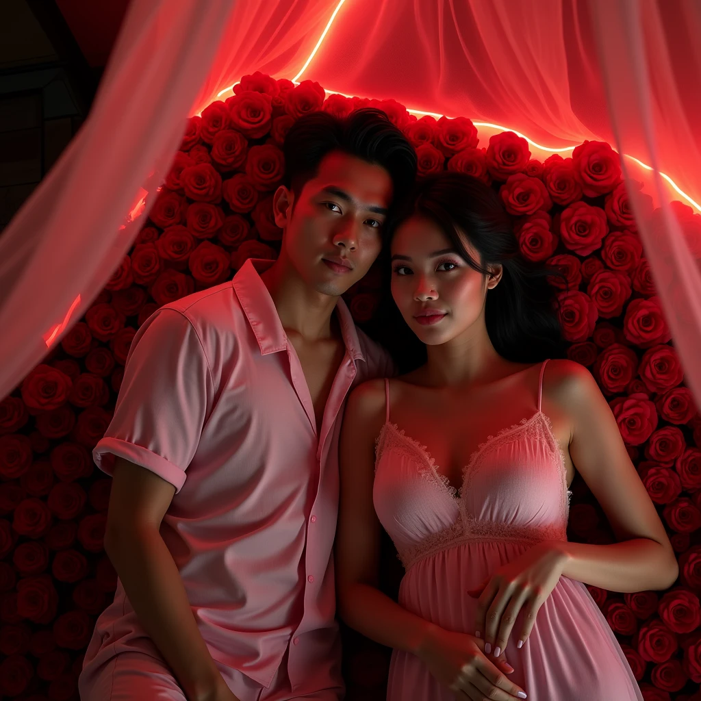 Indonesian couple. The man is a normal body wearing simple pajamas. With The woman is a little chubby and huge breasted, wearing sleeveless knee-nght nightgown. The luxurious bedroom is decorated with red roses and a mosquito net with RGB neon backlight as a background detail, lying on the pillow together. Look at the viewer, natural light, realistic photography, wide angle shot from top.