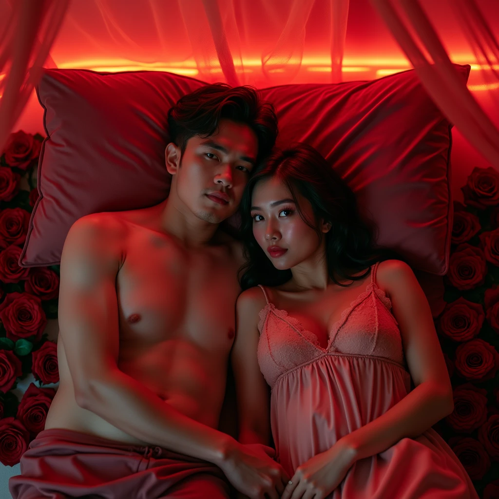 Indonesian couple. The man is a normal body wearing simple pajamas. With The woman is a little chubby and huge breasted, wearing sleeveless knee-nght nightgown. The luxurious bedroom is decorated with red roses and a mosquito net with RGB neon backlight as a background detail, lying on the pillow together. Look at the viewer, natural light, realistic photography, wide angle shot from top.