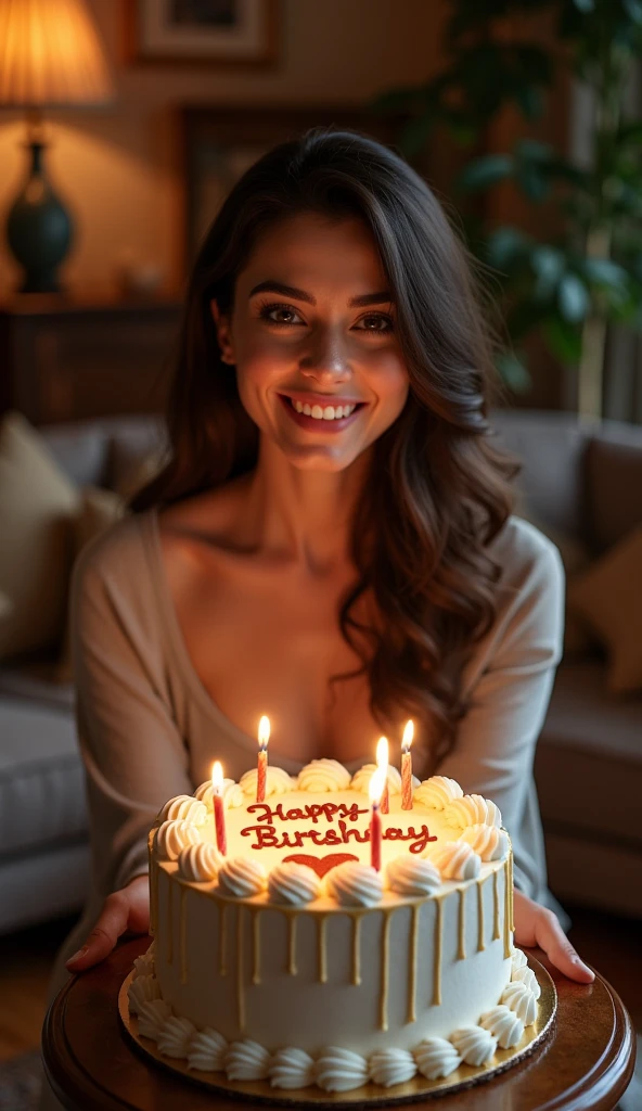 A beautiful lady, captured in stunning hyper-realism, leans forward slightly with a warm, genuine smile as she offers a birthday cake. The cake is intricately decorated with fine details, and the words "Happy Birthday Fereshteh" are elegantly written in high-quality icing, which glistens under the soft lighting. The scene is set in a cozy, well-decorated living room filled with luxurious yet welcoming furnishings. The room is bathed in warm, ambient light that casts soft shadows, highlighting the rich textures of the furniture and the elegant decor. Every element in the scene, from the woman’s expressive face to the finely detailed cake and the inviting atmosphere of the room, is rendered with hyper-realistic precision, making the moment feel both intimate and extraordinarily lifelike.