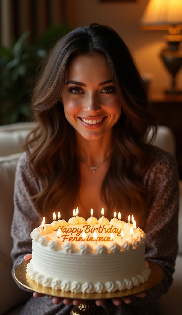 A beautiful lady, captured in stunning hyper-realism, leans forward slightly with a warm, genuine smile as she offers a birthday cake. The cake is intricately decorated with fine details, and the words "Happy Birthday Fereshteh" are elegantly written in high-quality icing, which glistens under the soft lighting. The scene is set in a cozy, well-decorated living room filled with luxurious yet welcoming furnishings. The room is bathed in warm, ambient light that casts soft shadows, highlighting the rich textures of the furniture and the elegant decor. Every element in the scene, from the woman’s expressive face to the finely detailed cake and the inviting atmosphere of the room, is rendered with hyper-realistic precision, making the moment feel both intimate and extraordinarily lifelike.