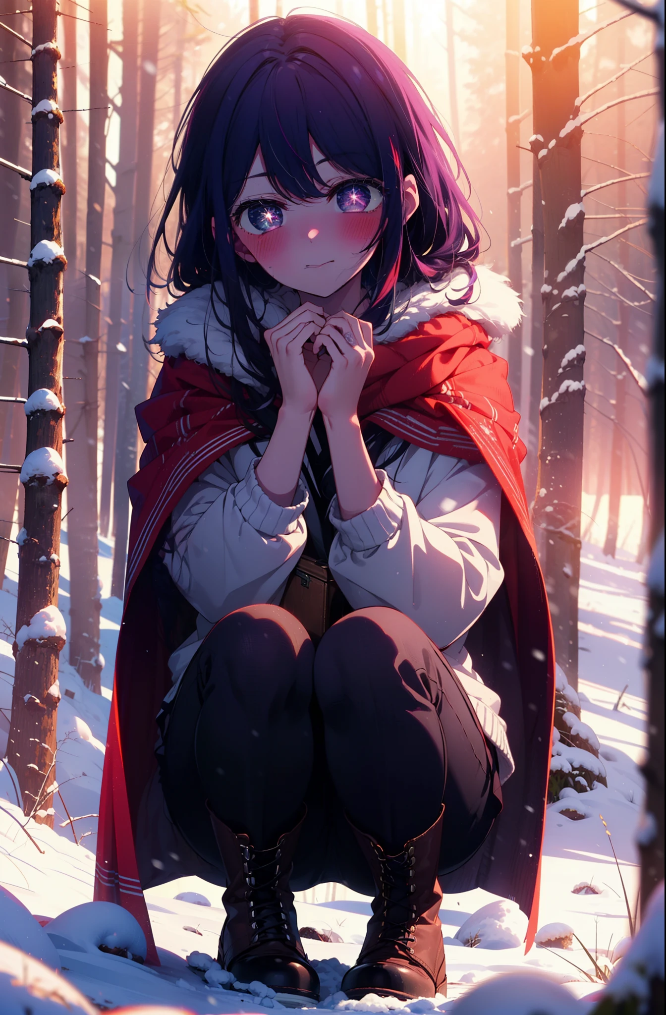 aihoshino, Ai Hoshino, Long Hair, bangs, (Purple eyes:1.1), Purple Hair, (Symbol-shaped pupil:1.5), smile,,smile,blush,white breath,
Open your mouth,snow,Ground bonfire, Outdoor, boots, snowing, From the side, wood, suitcase, Cape, Blurred, , forest, White handbag, nature, Squat, Mouth closed, Cape, winter, Written boundary depth, Black shoes, red Cape break looking at viewer, Upper Body, whole body, break Outdoor, forest, nature, break (masterpiece:1.2), Highest quality, High resolution, unity 8k wallpaper, (shape:0.8), (Beautiful and beautiful eyes:1.6), Highly detailed face, Perfect lighting, Extremely detailed CG, (Perfect hands, Perfect Anatomy),