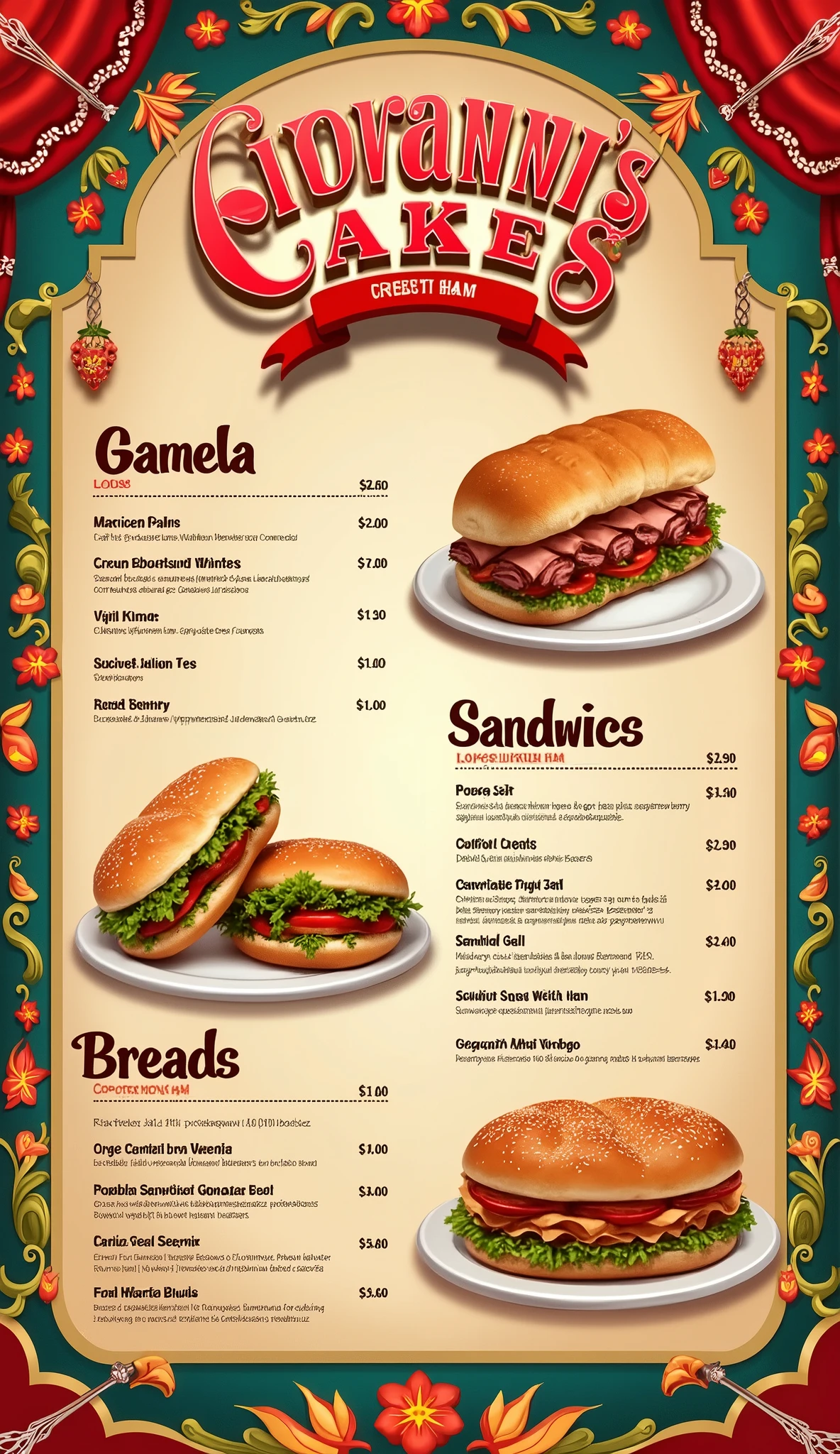 Design a page with a list of Mexican food, that its menu contains sandwiches and bread with ham, of Title says "Giovanni's Cakes" in letters at the top of the page