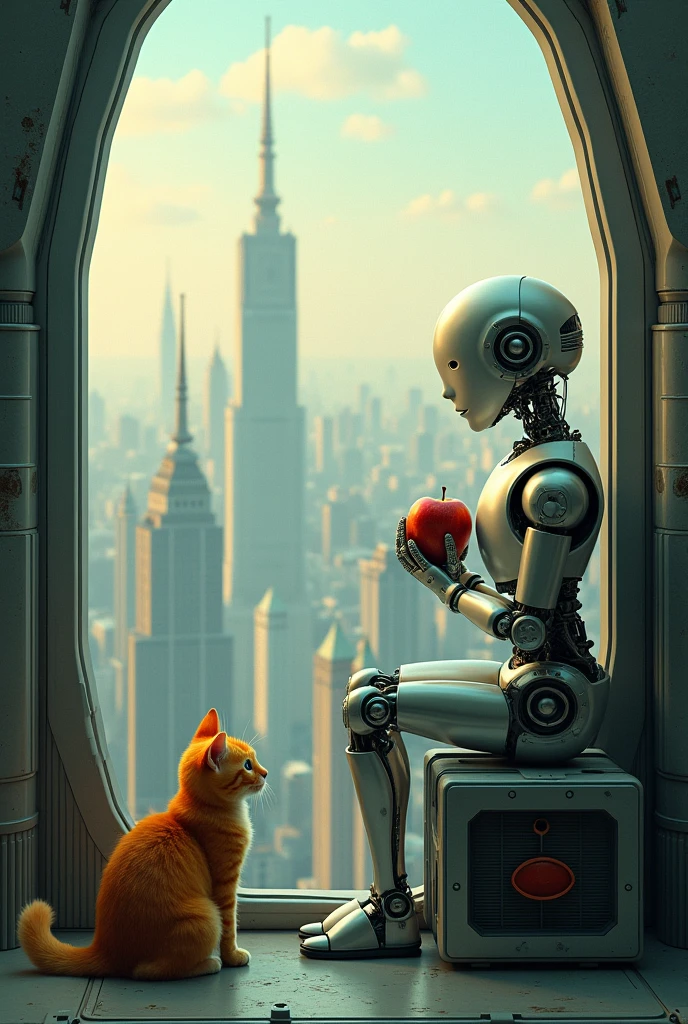 2079,A robot holding a bitten apple,Thoughtful,A small orange cat squatted quietly at my feet,Outside the window is a vast space immigrant city,Surrealism,Long shot,Low angle shot,Upward Shot,Strong sense of art,Movie Lighting,Delicate matte、Dark、Fantasy、Intricate details、Startup Screen、Complementary colors、Fantasy概念艺术、8k resolution is popular on Artstation Unreal Engine 5,Complex 3D rendering,150mm lens,