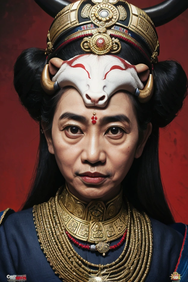 posters, joko widodo, megawati soekarnoputri, face off, civil war, bull head background, high quality, masterpiece