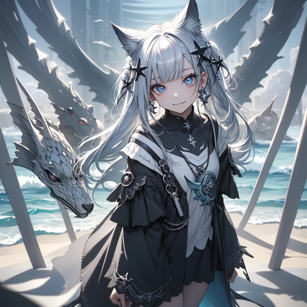 (masterpiece), best quality, Ultra-high resolution,Silver Hair、Black Hair、A bright smile、one、Sick makeup、barefoot、color、ocean、(oceanに足をつける:1.3)、Standing