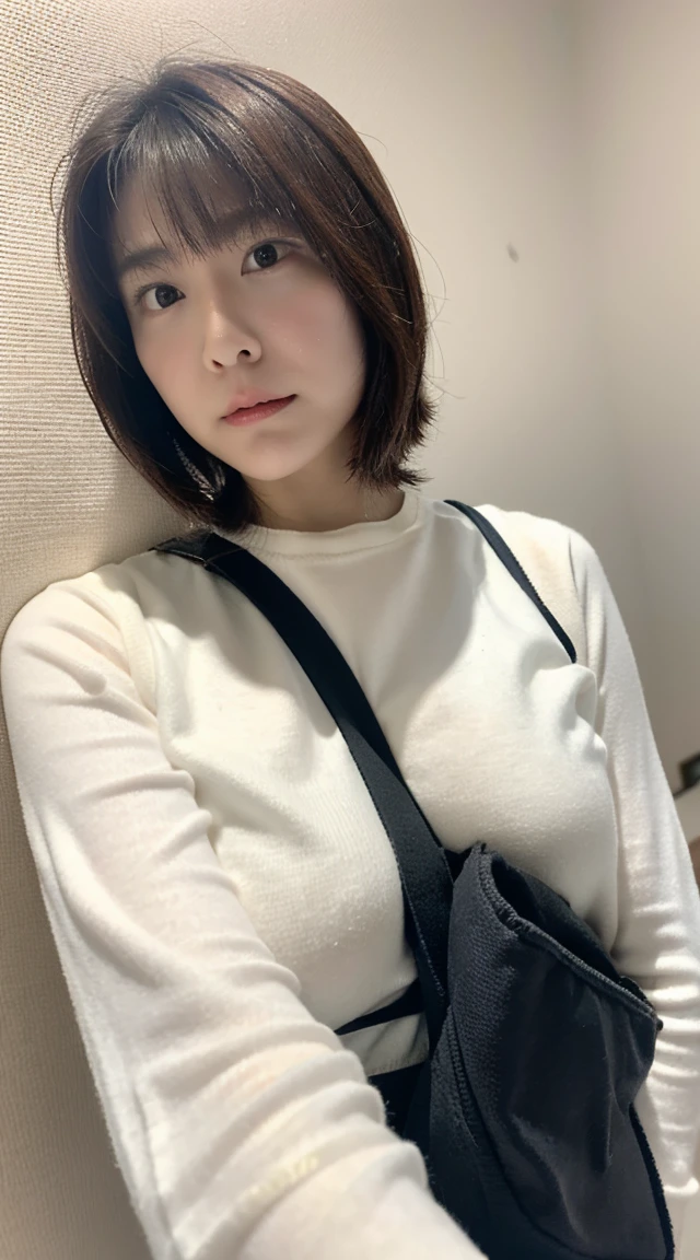  Highest quality, shape, Very detailed, finely, High resolution, 8k wallpaper, Perfect dynamic composition, Beautiful and exquisite,  Natural Lip, whole body, front,Shyness、Embarrassed expression、Large Breasts、Slightly sagging breasts、Bob Cut Hair、University classroom、Pleated skirt、((looking at the camera))、Brown Hair、sweater、(((1 crossbody bag)))、Sleeveless sweater,strap between breasts, shoulder strap passes between the breasts, bag, 