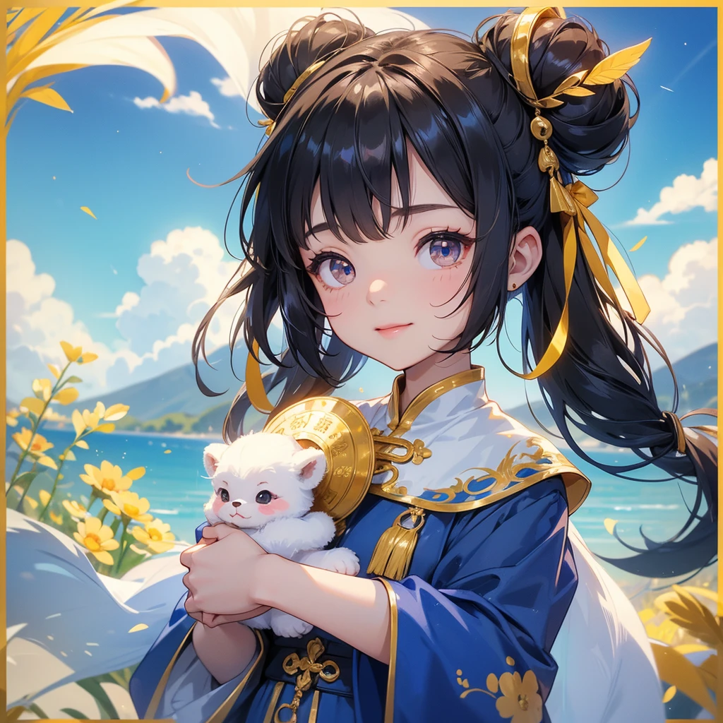 A chibi child girl had a small face and Wearing a white little Taoist priest's outfit. A pair of big round eyes shone with curiosity about him. This child was so cute!, Burning joss paper and gold paper for the departed spirits, her hair is black with two buns on her hair.small chibi, chibi baby, smiling.The little chibi baby looked up with his chest raised, and his face was old and proud.
Standing in the midst of a field of bright yellow gold fields, behind which are mountains, there are low clouds floating in the blue sky.