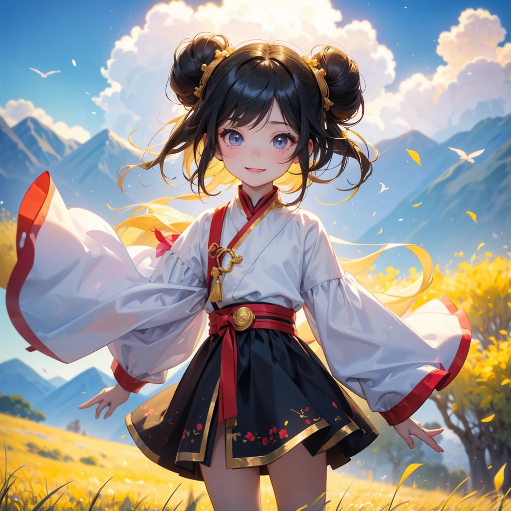 A chibi child girl had a small face and Wearing a white little Taoist priest's outfit. A pair of big round eyes shone with curiosity about him. This child was so cute!, Burning joss paper and gold paper for the departed spirits, her hair is black with two buns on her hair.small chibi, chibi baby, smiling.The little chibi baby looked up with his chest raised, and his face was old and proud.
Standing in the midst of a field of bright yellow gold fields, behind which are mountains, there are low clouds floating in the blue sky.