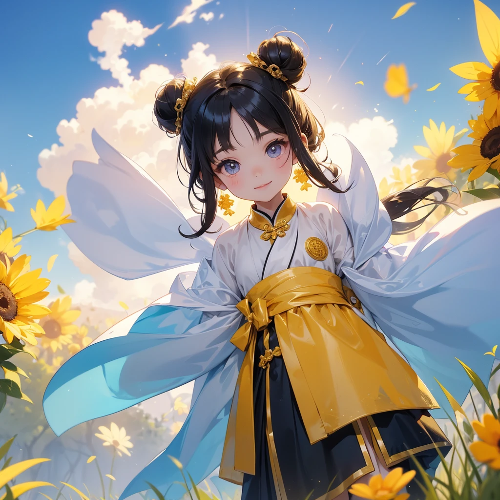 A chibi child girl had a small face and Wearing a white little Taoist priest's outfit. A pair of big round eyes shone with curiosity about him. This child was so cute!, Burning joss paper and gold paper for the departed spirits, her hair is black with two buns on her hair.small chibi, chibi baby, smiling.The little chibi baby looked up with his chest raised, and his face was old and proud.
Standing in the midst of a field of bright yellow gold fields, behind which are mountains, there are low clouds floating in the blue sky.
