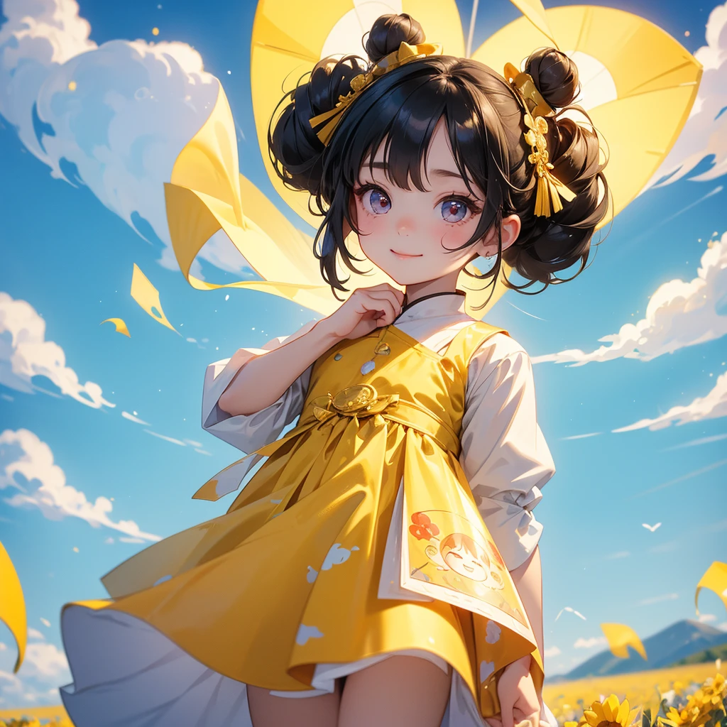 A chibi child girl had a small face and Wearing a white little Taoist priest's outfit. A pair of big round eyes shone with curiosity about him. This child was so cute!, Burning joss paper and gold paper for the departed spirits, her hair is black with two buns on her hair.small chibi, chibi baby, smiling.The little chibi baby looked up with his chest raised, and his face was old and proud.

Standing in the midst of a field of bright yellow gold fields, behind which are mountains, there are low clouds floating in the blue sky.

 
