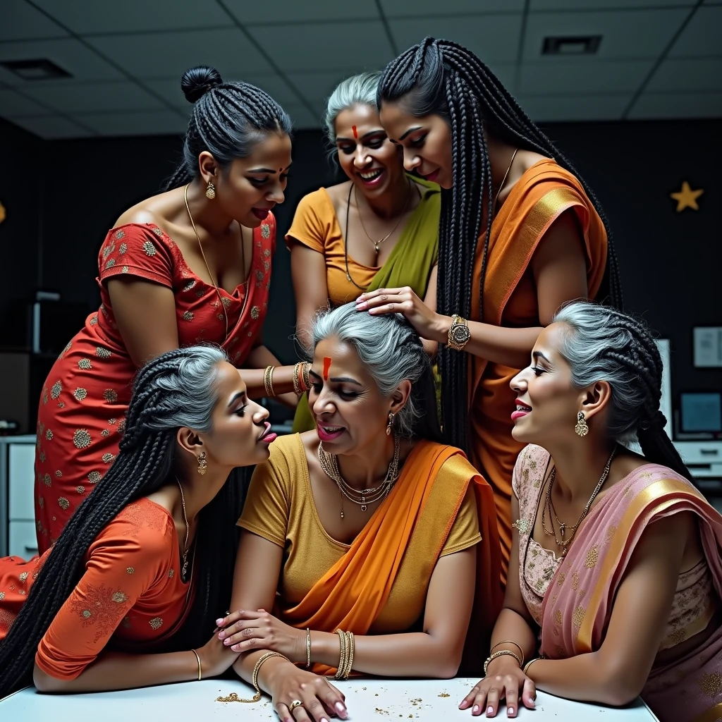 in luxerius office items sorrounded bright lighted modern indian office,two 65 years old mature eldery indian ladies and two 40 years old mature indian ladies,total 4 ladies involving and licking their hairs of each others wildly,First 6 eldery lady kneeled to the viewer' side,other mature two ladies crowling in to kneeled lady reaching by sides licking kneeled lady' head scalp,Above mentioned other second 6 eldery lady bend over from behind of them reachining up to kneeled lady' head scalp for the purpose of licking hair too,these four ladies are with dress in as per image prompt,all four of them,with their hairs respectively black color for the marure ladies and gray-black color for the eldery ladies hairs in as per image prompt,their long,conrowed braided hairs spills on the floor to the viewer's,red lipsstick,natural tongues pulled out,licking the kneeled lady' eldery gray-black conrow braids like she is being raped excat in prompt,These all four ladies' faces are with showing full of sexual wildness showing out from their faces exact as in image prompt,Their eyes are fullfill with sexual wildness with raping hair braids as per the imahe prompt,(Show me their tongues,long tongues,1.3) styled with 100000 liters hair oil,hairs like viscus oiled pulp,slick combed hair lines highly visible,{{{{Ladies wears perfect dresses in perfectt busty}}}},{{{{{NSFW}}}}},{{{{{{Hairs highly soaked}}}}}},{{{Hairs Drenched in water}}}}},{{{slick combed hair lines}}}},{{{{Hairlines reflecting shinning like mirrors with water}},{{{{{Showcase full bodies perfect figures}}}}},{{{{{High resolution perfecr color grading}}}}}},{{{Perfect cornrow braided hairs on all three ladies exactly in image prompt}}}}}}},((((((((Generate ethnicity as indian aged eldery sexy build ladies))))))))),((((((Generate wildness poses where shows the elderity and maturity of the sexually wildness and extremly extremly wildness in to hair licking by their tongues exatly as image prompt))))