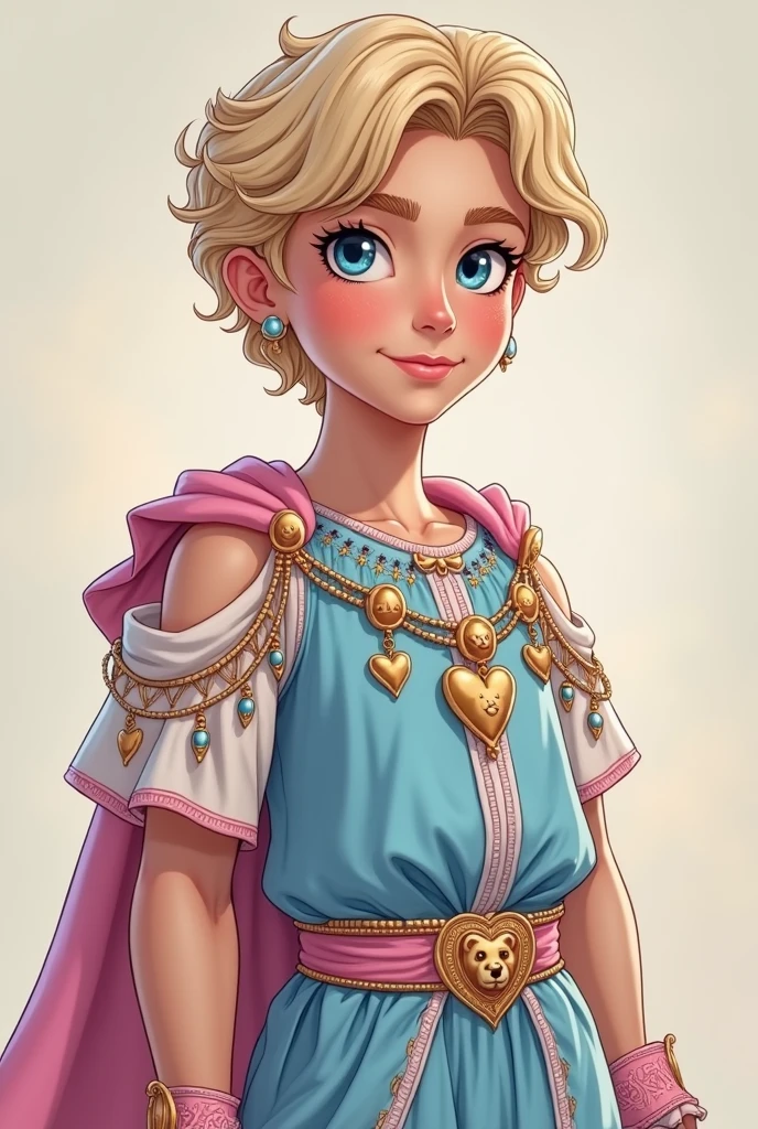 Image of C's son.a. Cupid e da Blondie Lockes de Ever after High: A age boy, with blonde hair mixed with pink, Caucasian skin, blue colored eyes, baby blue outfit with baby pink in the style of ancient Greek gods and elements of bears and hearts on the outfit