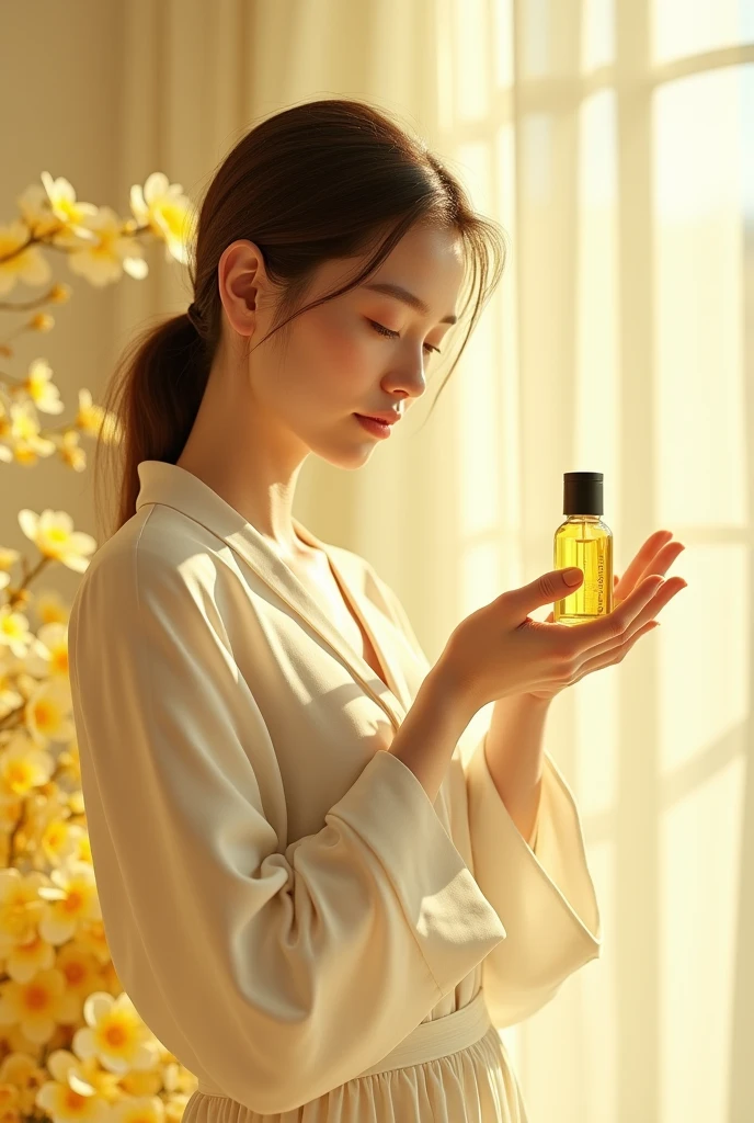 Lemon essential oil,Beautiful ai girl,Background for displaying products