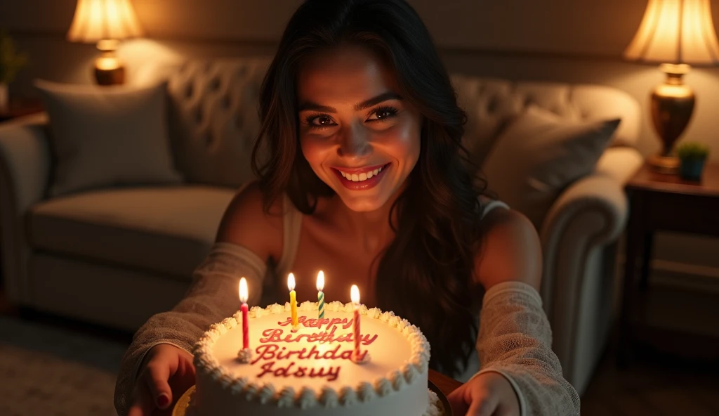 A beautiful lady, captured in stunning hyper-realism, leans forward slightly with a warm, genuine smile as she offers a birthday cake. The cake is intricately decorated with fine details, and the words "Happy Birthday Fereshteh" are elegantly written in high-quality icing, which glistens under the soft lighting. The scene is set in a cozy, well-decorated living room filled with luxurious yet welcoming furnishings. The room is bathed in warm, ambient light that casts soft shadows, highlighting the rich textures of the furniture and the elegant decor. Every element in the scene, from the woman’s expressive face to the finely detailed cake and the inviting atmosphere of the room, is rendered with hyper-realistic precision, making the moment feel both intimate and extraordinarily lifelike.