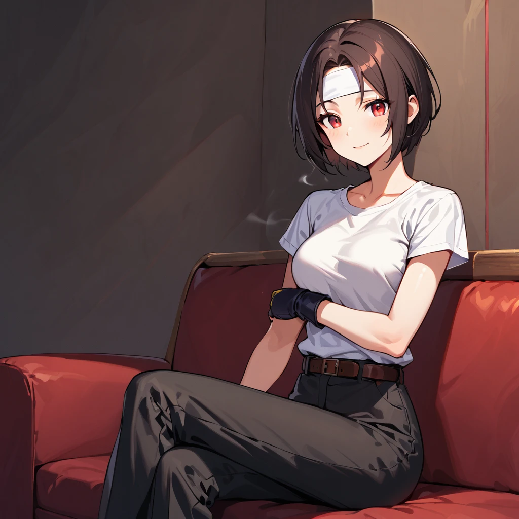 Single,Female,Short-cut,Dark hair,Sallow skin,Red eyes,Slightly large breasts,((black jacket with rolled up arms)),fingerless gloves, white T-shirt,(white headband on forehead)),black long pants, white shoes, brown belt, cute, indoor-oriented, charming, top quality, neat face, neat eyes, Black Sitting on sofa, relaxed, exhaling cigarette smoke, cigarette in right hand, beautiful Japanese girl, smiling. Her eyes are wide open, her gaze is slightly downward, and her mouth is half open,