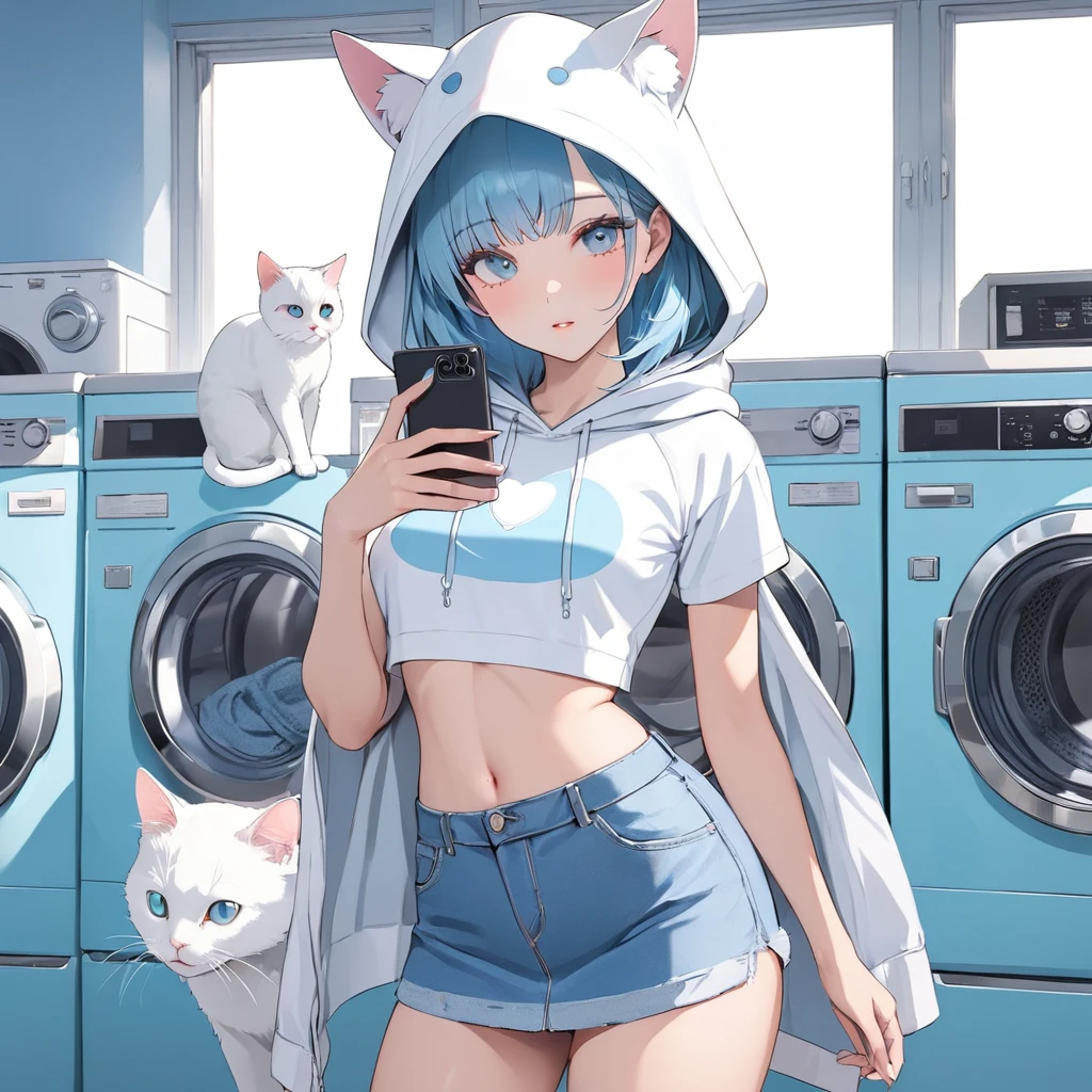 NSFW, (anime art),(masterpiece),(highest quality:1.2),((Perfect Anatomy)),(Perfect Fingers:1.3),(1 girl),(solo),(white hoodie costume:1.3),(put a hood on head:1.3),(white cat ears on hood:1.3),(denim skirt:1.2),beautiful and detailed blue eyes,girl with a pretty face,pastel blue hair,(Hold a smartphone with one hand and operate it with one hand),(in retro laundromat),(retro blue washing machine),(pastel blue theme), (crop top) (stomach exposed) (pussy) ,wide shot