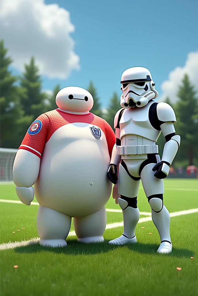 cute and playful Big Hero Six Baymax and a Star Wars Strom trooper wearing a soccer uniform. posing on a soccer field