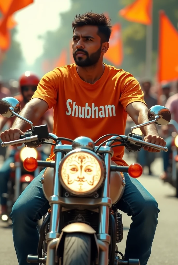 create high quality realistic image, a 28 year old boy driving bullet bike, boy wearing saffron tshirt with "SHUBHAM" boldly written in white on it, "JAI SHREE RAM" written on broad number plate, a clear hindu saffron flag is fixed on bike also cute lord rama face is printed on flag, some other young bikers and cars holding saffron flag are behind him, environment is gorgeous, background featuring street, high quality, hyper realistic, ultra detailed, 4k