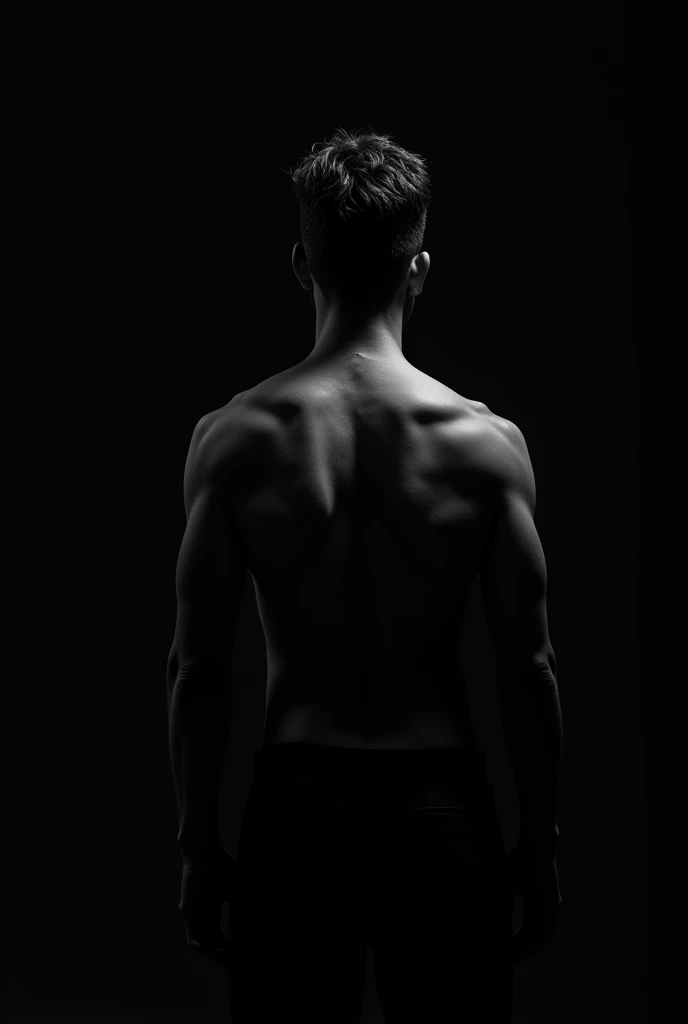 178 cm tall,76 km weight, flexible slim body, wave look short hair, men back side shadow image. Black and white photo. Black shade. Face not identified
