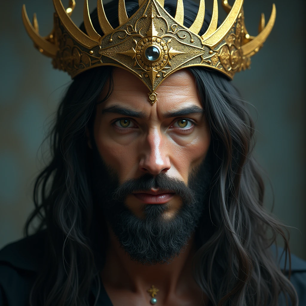 a high detailed portrait of a man with glowing eyes, long hair, intricate facial features, spiritual expression, ornate headpiece, golden details, mystical atmosphere, cinematic lighting, hyper realistic, digital art, 8k, masterpiece