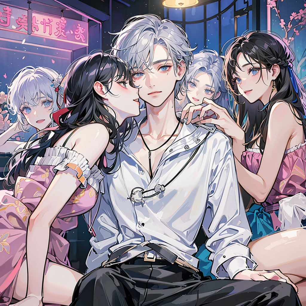a man wearing a white shirt,
around twenty-five years old,
With short silver hair and a crazy feeling,
Sitting on the KTV sofa under colorful lights,
Two beauties were sitting next to them,
holding two women,
And behind him stood three beautiful women,
Smile,
Bright colors,
The painting style is clean and neat,
Best image quality,
high detail,
Ultra-high resolution,
8K resolution,
Korean comic style,
illustration style,
two yuan,
Fine lines chiaroscuro 00001