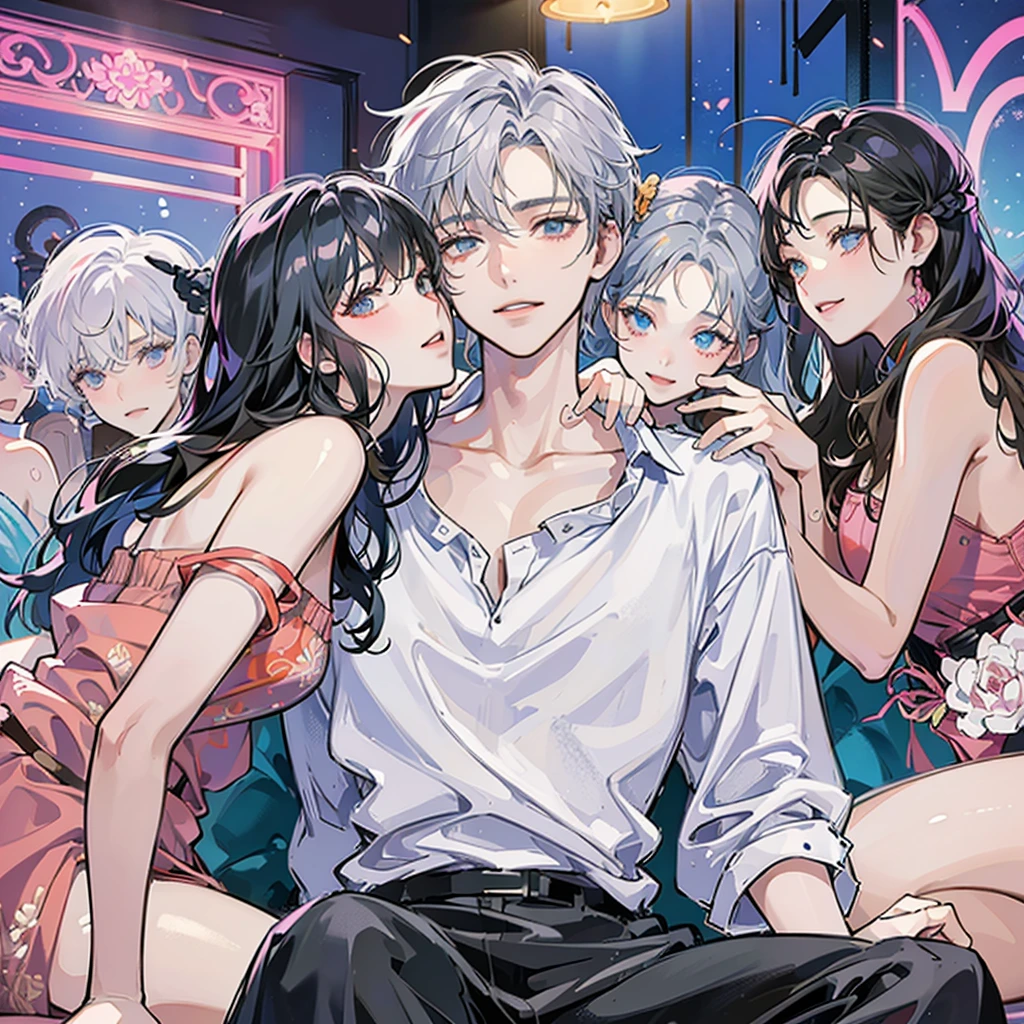 a man wearing a white shirt，

around twenty-five years old，

With short silver hair and a crazy feeling，

Sitting on the KTV sofa under colorful lights，

Two beauties were sitting next to them，

holding two women，

And behind him stood three beautiful women，

Smile,

Bright colors，

The painting style is clean and neat，

Best image quality，

high detail，

Ultra-high resolution，

8K resolution，

Korean comic style，

illustration style，

two yuan，

Fine lines chiaroscuro 00001