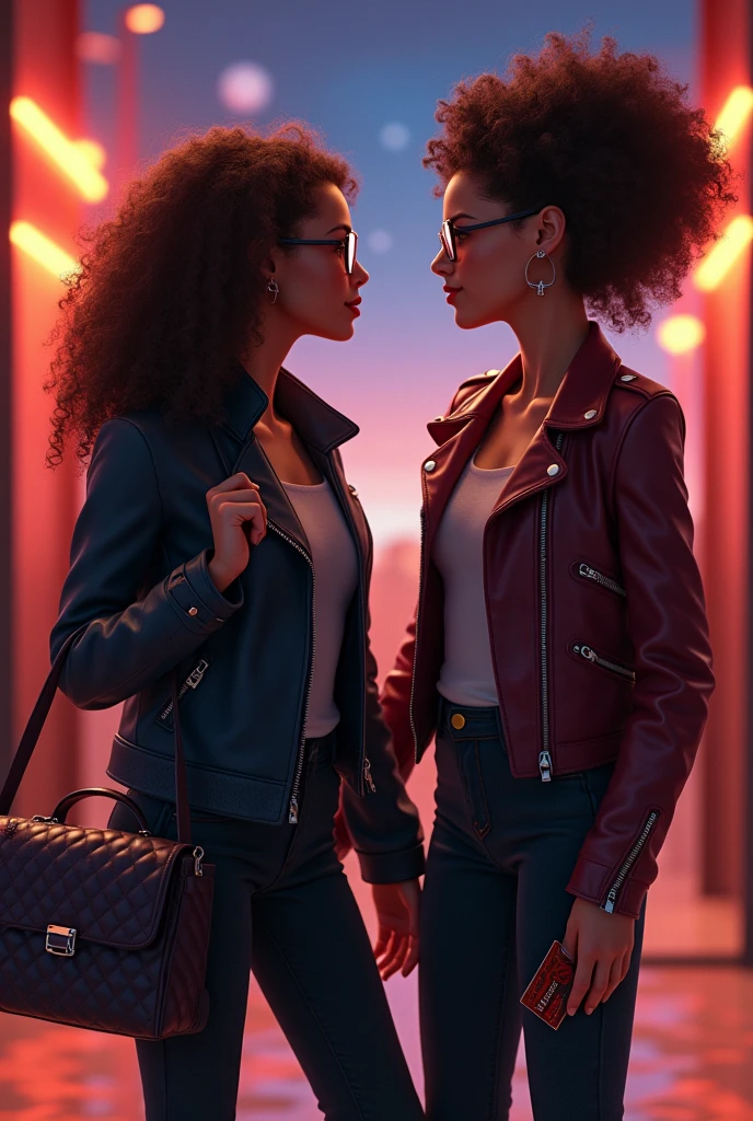 Woman with curly hair, leather jacket, handbag with her teenage daughter with glasses in front of a 3d movie