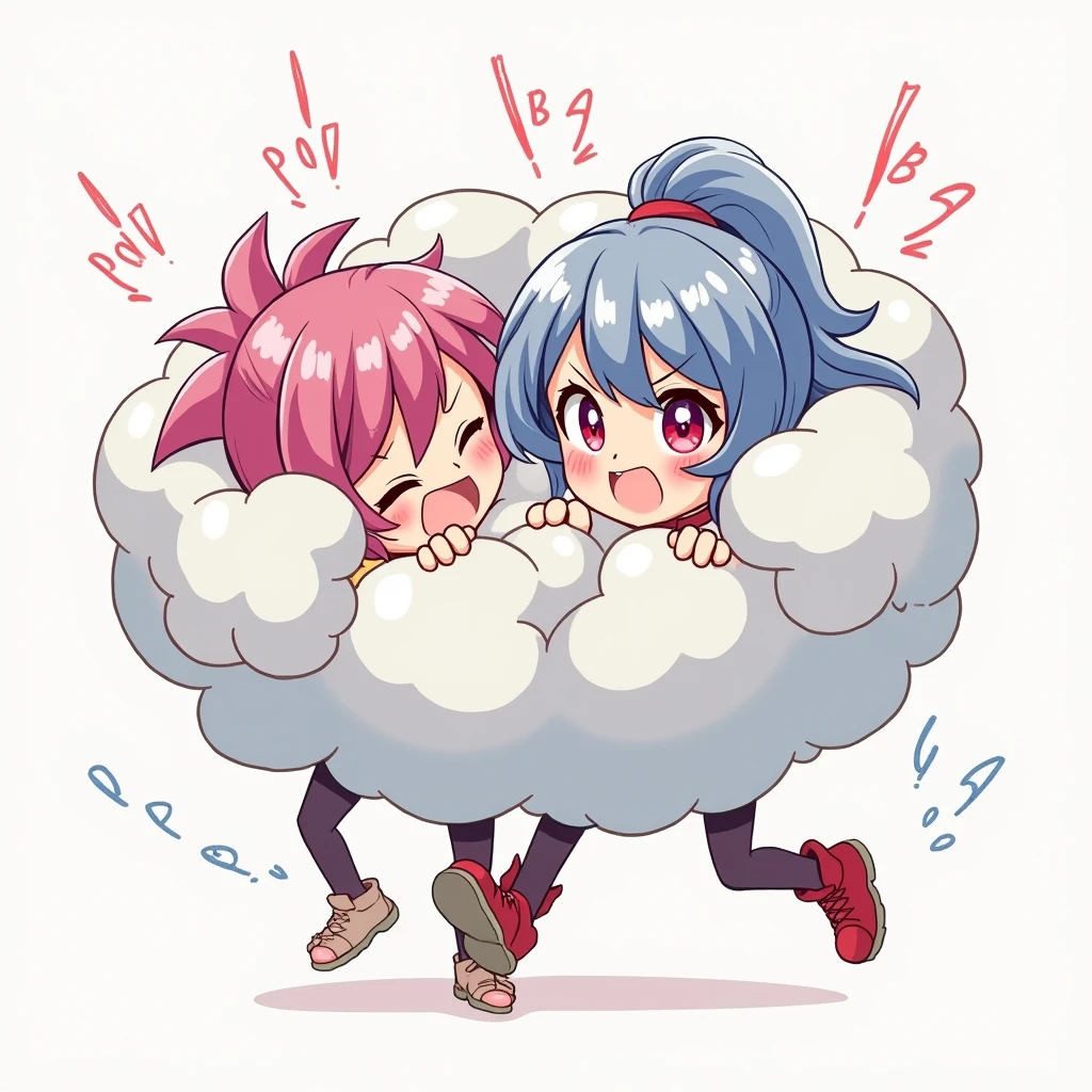 An anime-style illustration depicting princesses playfully wrestling with each other inside a light gray comical fight cloud (dust cloud).
each princess has different  colored hair.
their faces,hands,and feet are visible emerging from the cloud as they tussle humorously,  with the rest of their bodies completely hidden inside the cloud.
the illustration emphasizes the humorous and energetic nature of their scuffle,with a fluffy  and exaggerated fight cloud.