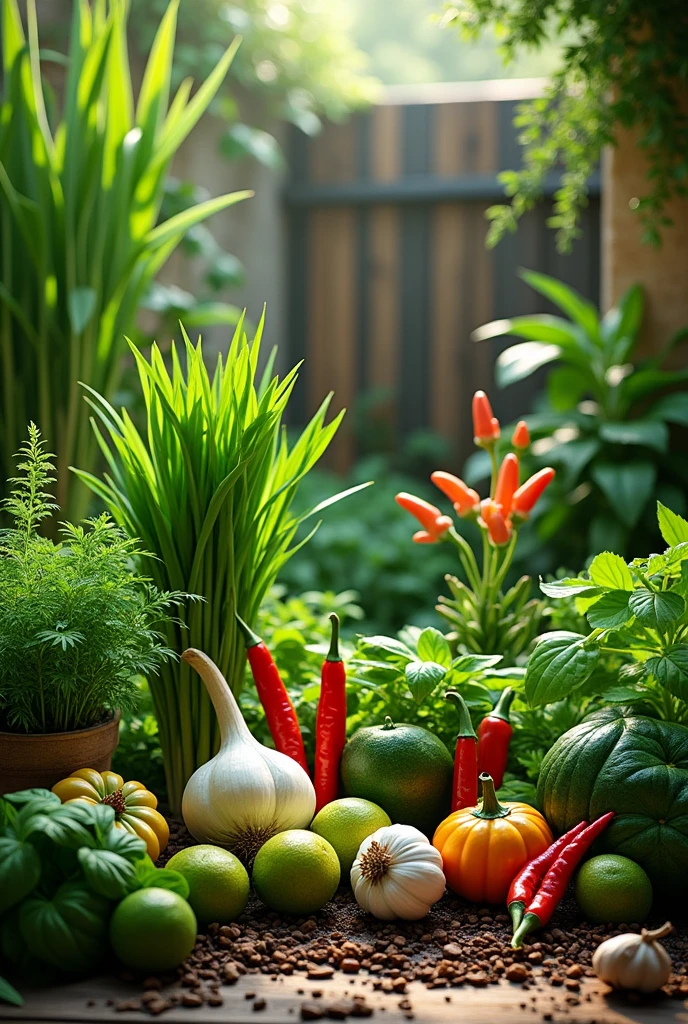 Vegetable garden with lemongrass, galangal, kaffir lime, chili, basil, lime and garlic plants.