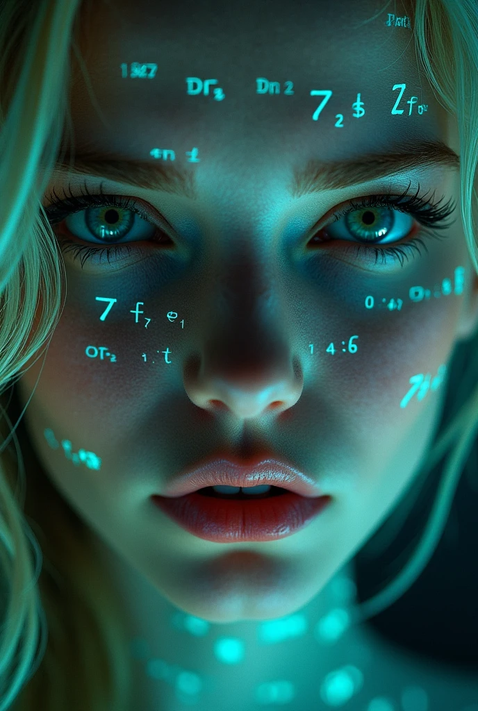 Close-up of woman's face, blond hair, ,green eyes, glowing blue holographic equations projected onto skin. Intense gaze, realistic features. Dark background, cyberpunk aesthetic. Luminous mathematical formulas, handwritten style. Futuristic, high-tech atmosphere. Photorealistic rendering, dramatic lighting, sharp contrast