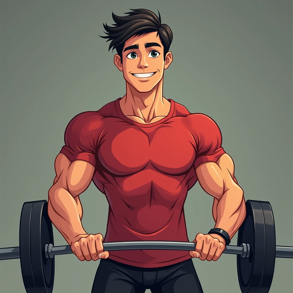 best quality, masterpiece, fill frame, zoomed out, full body, head to toe, cell shading cartoon art, poster of handsome young man, slim build, wearing plain red tshirt and black shorts, gentle smile while lifting a barbell, perfect fingers, perfect hands, perfect face, perfection, no background